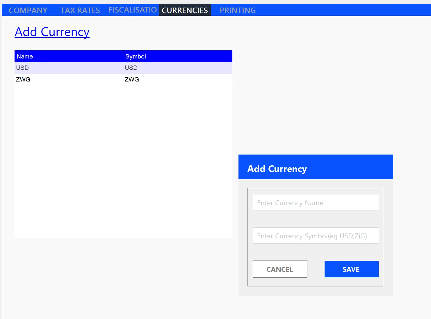 Currencies Settings Example