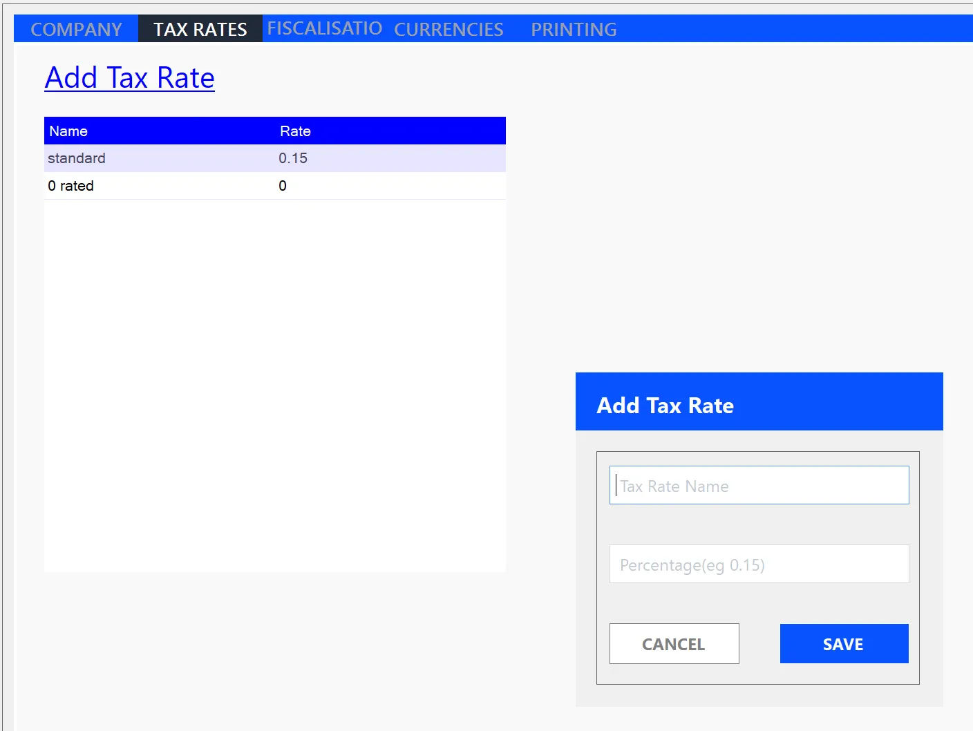 Tax Rates Settings Example